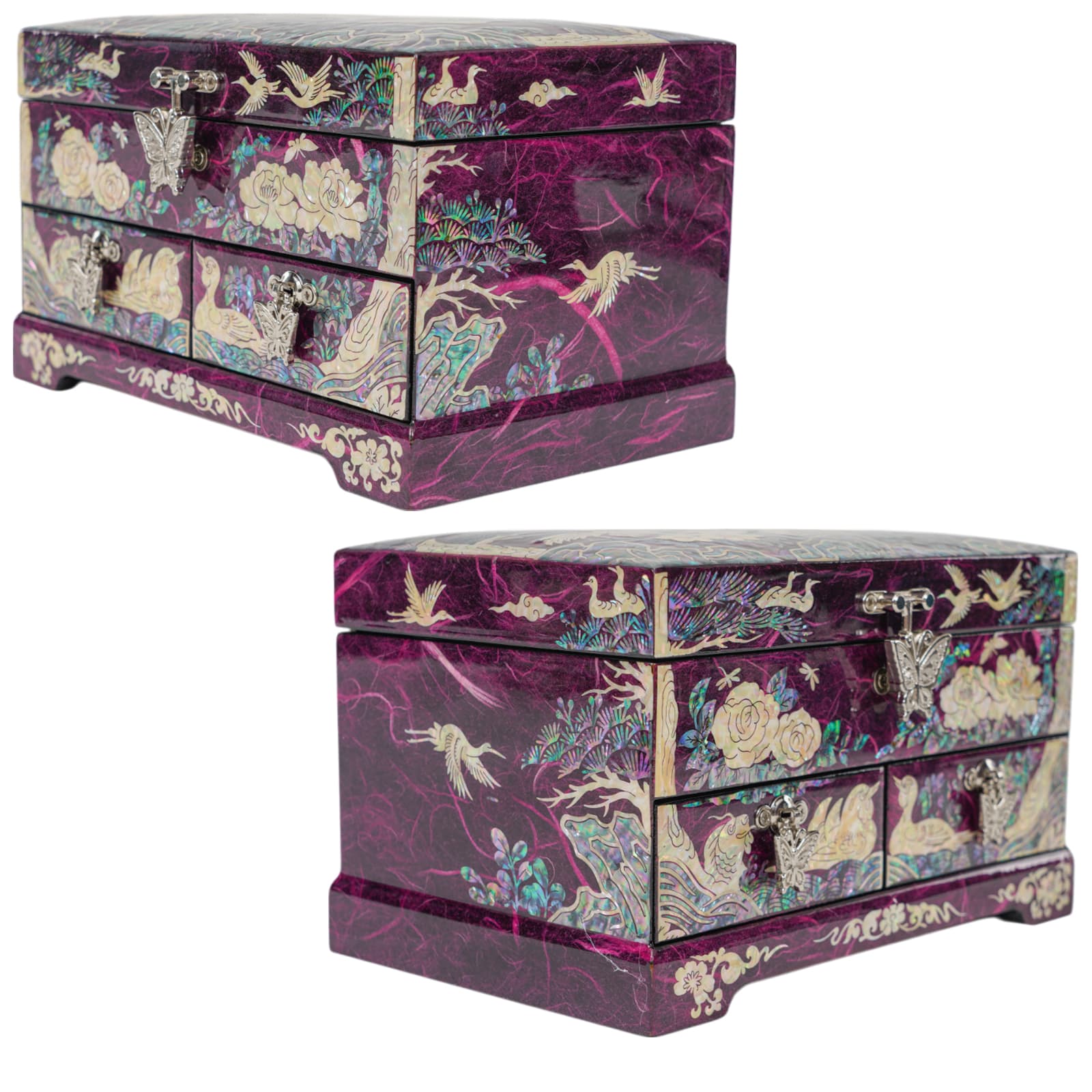 Side and angle views of crane and floral mother-of-pearl jewelry box