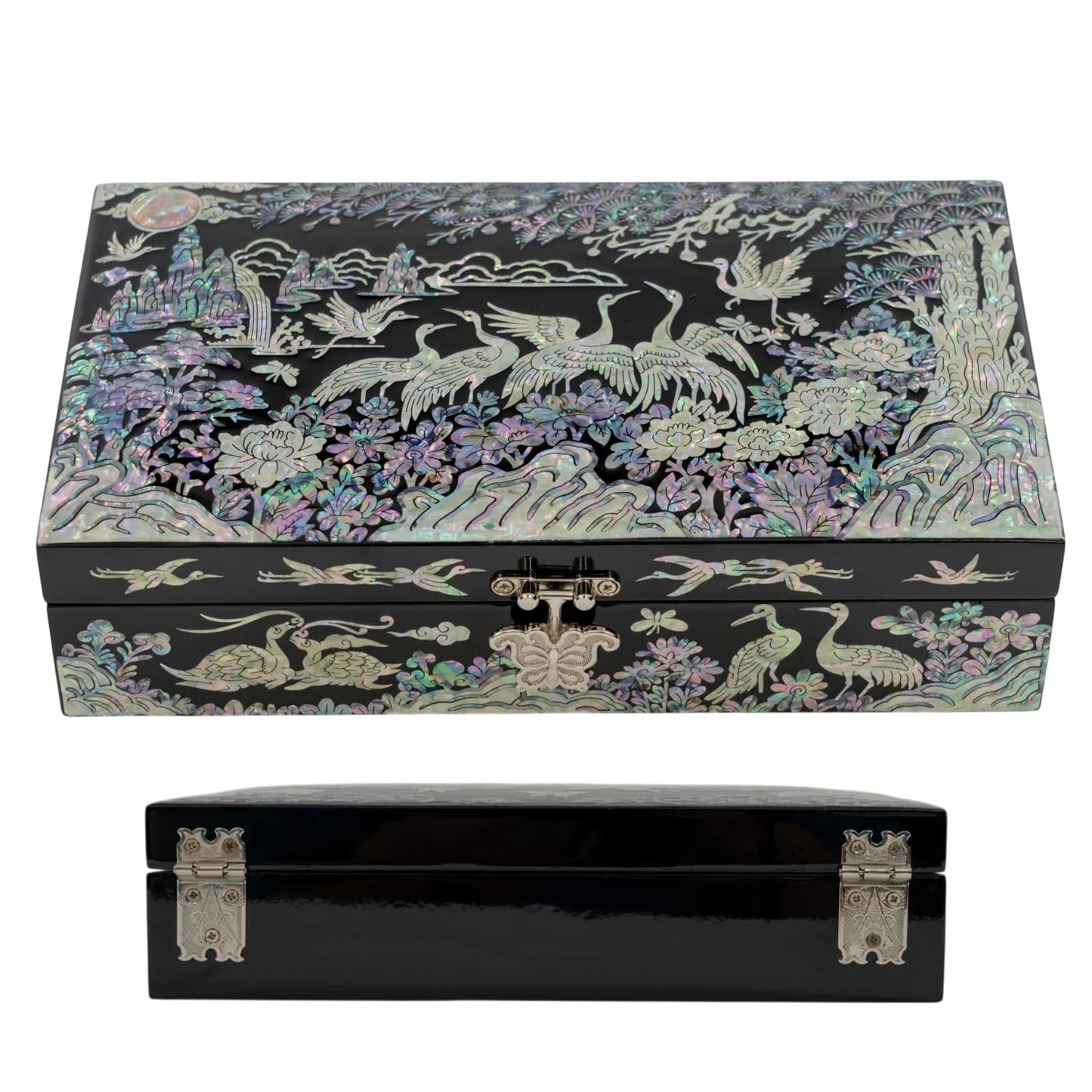 Side-angled shot of a black lacquer box showcasing the reflective glossy finish and traditional iridescent mother-of-pearl crane inlays
