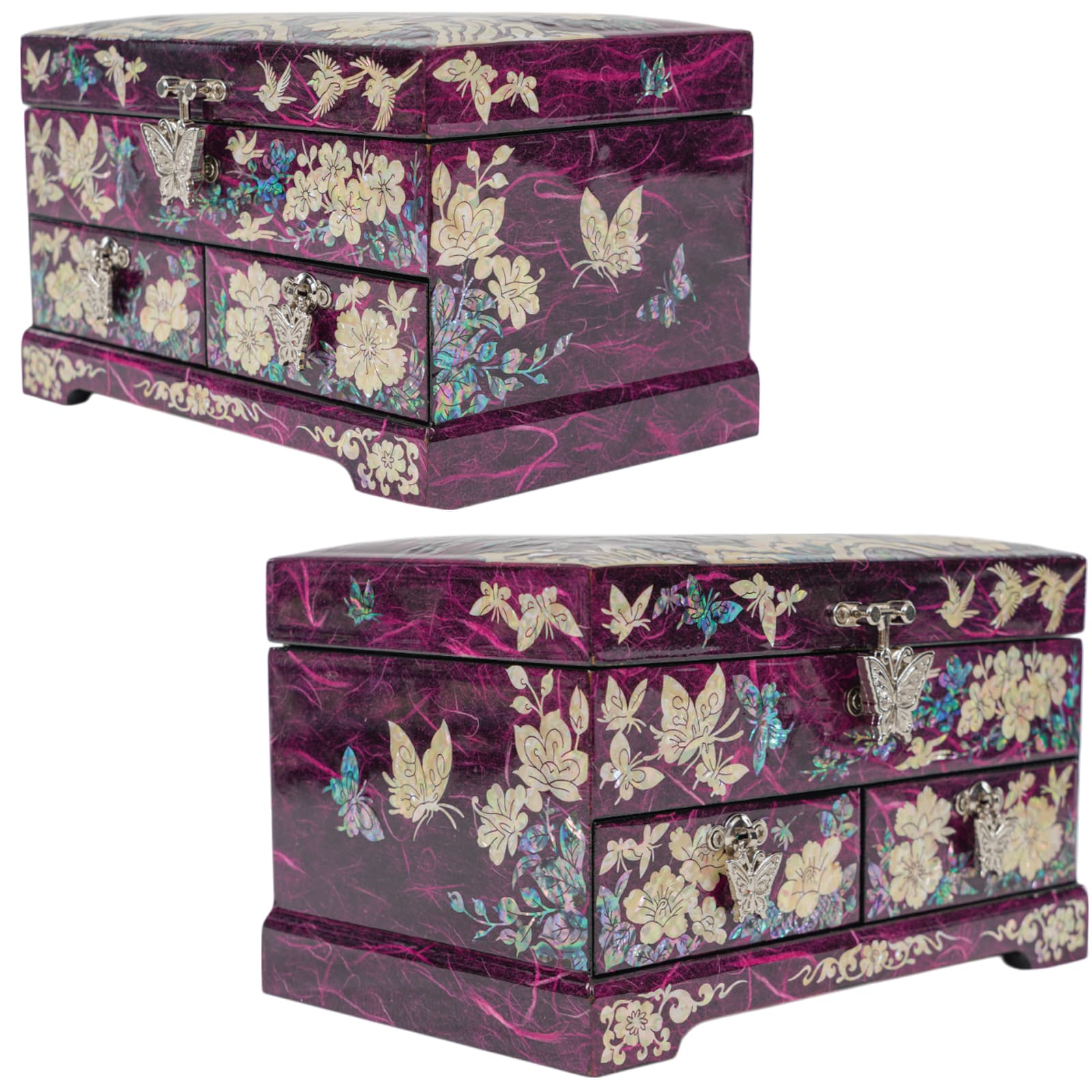 Side angles of mother-of-pearl box with floral and butterfly design