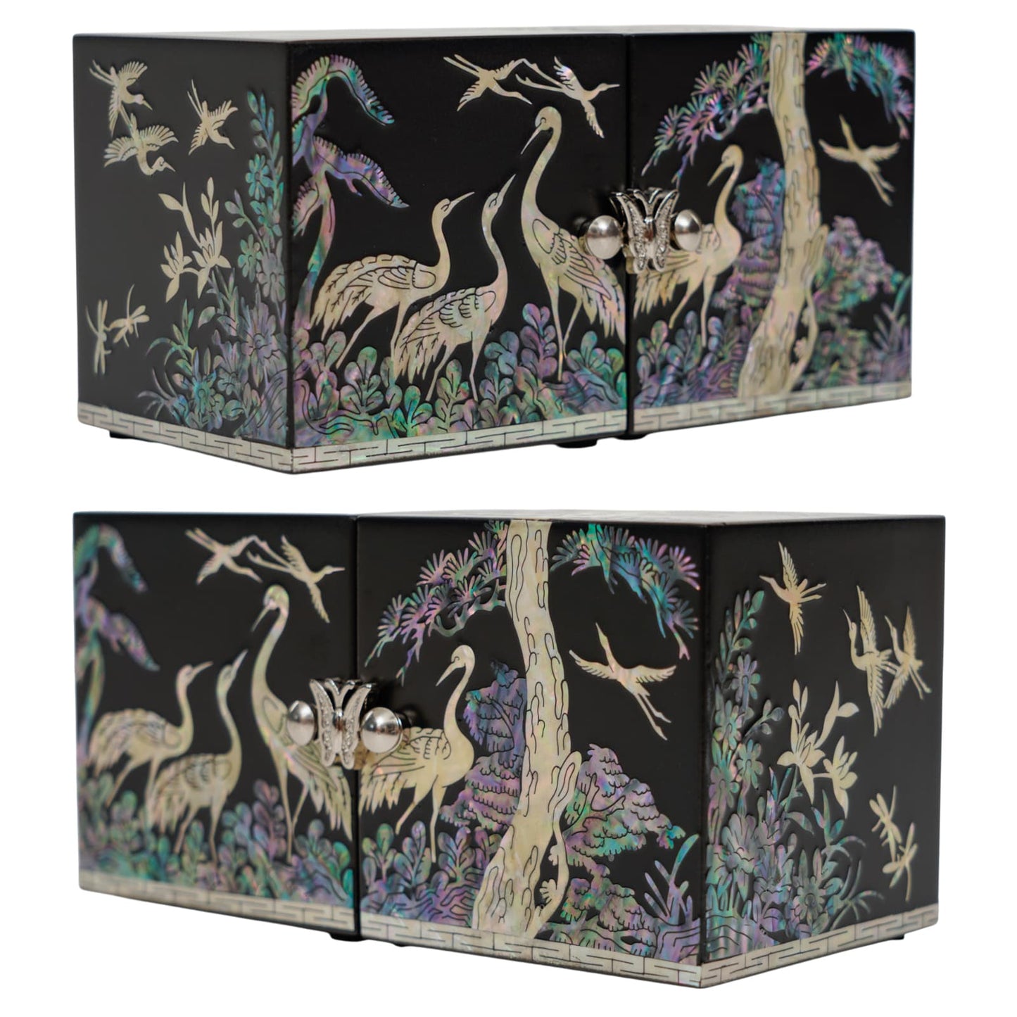 Side view of black lacquer box featuring cranes and pine design in mother-of-pearl