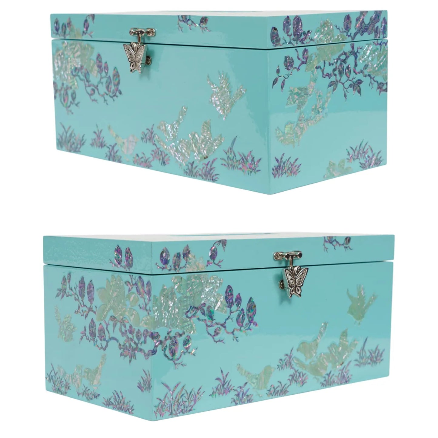 Side view of turquoise tissue box with abalone bird inlay and butterfly clasp