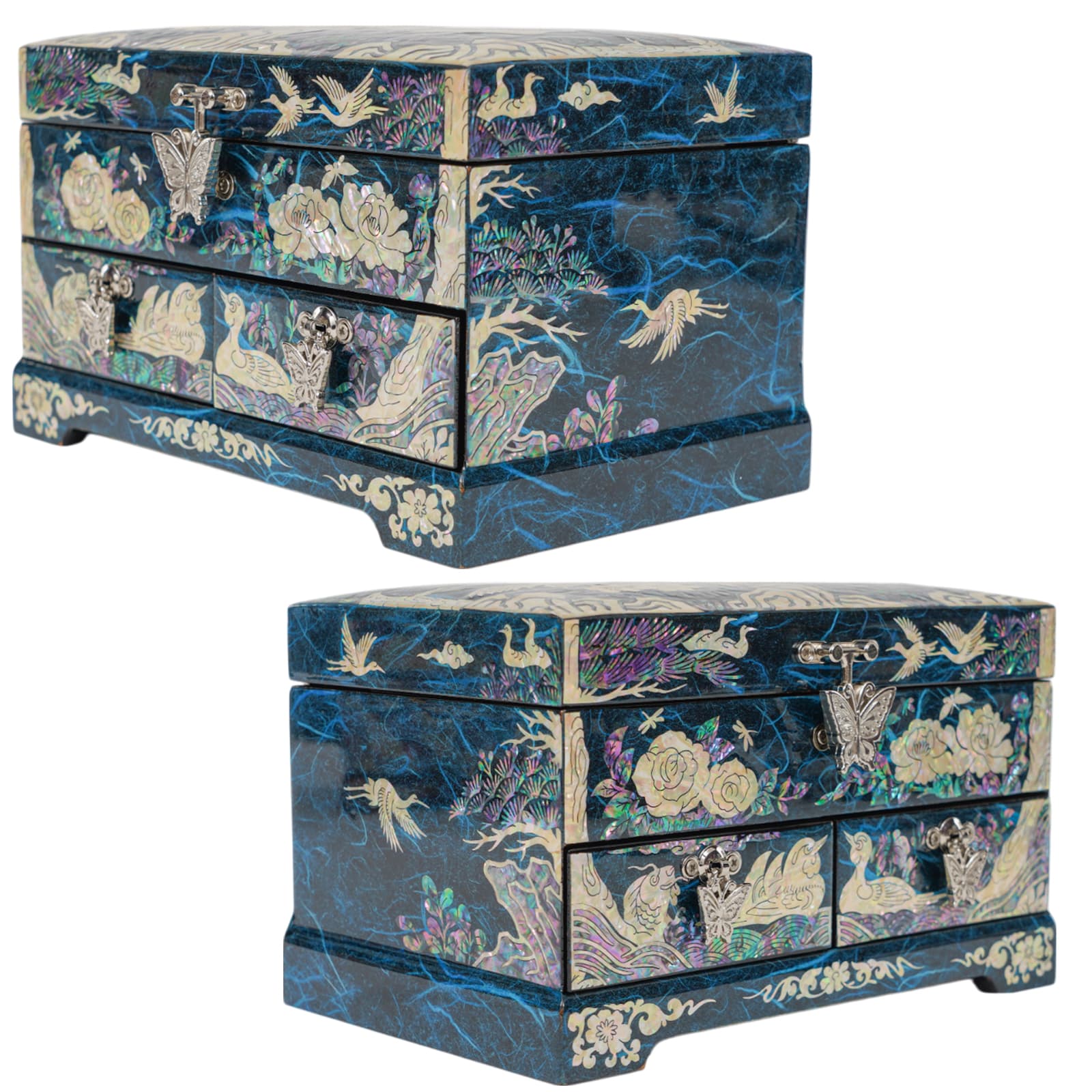 Side views of crane-themed mother-of-pearl jewelry boxes with floral and nature motifs