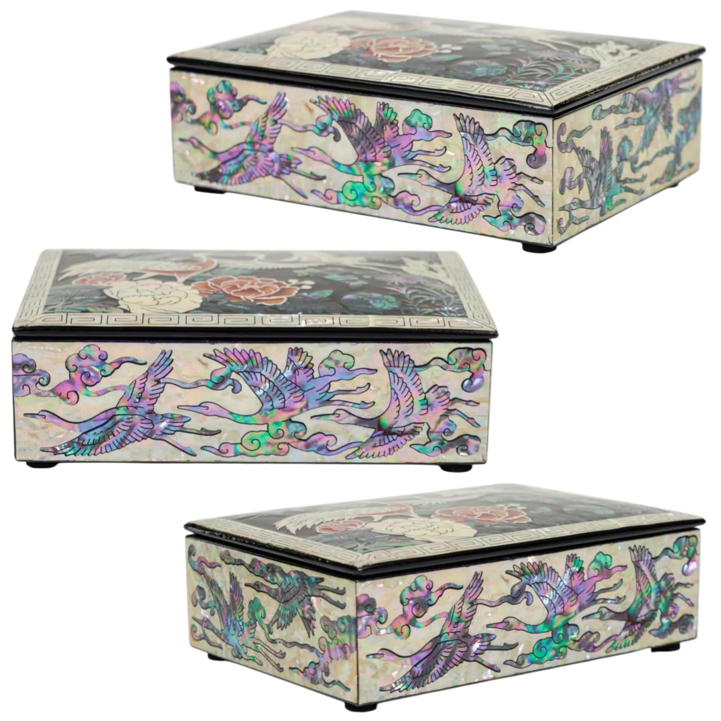 Mother-of-Pearl Trinket Box – Cranes & Peonies on Black Lacquer