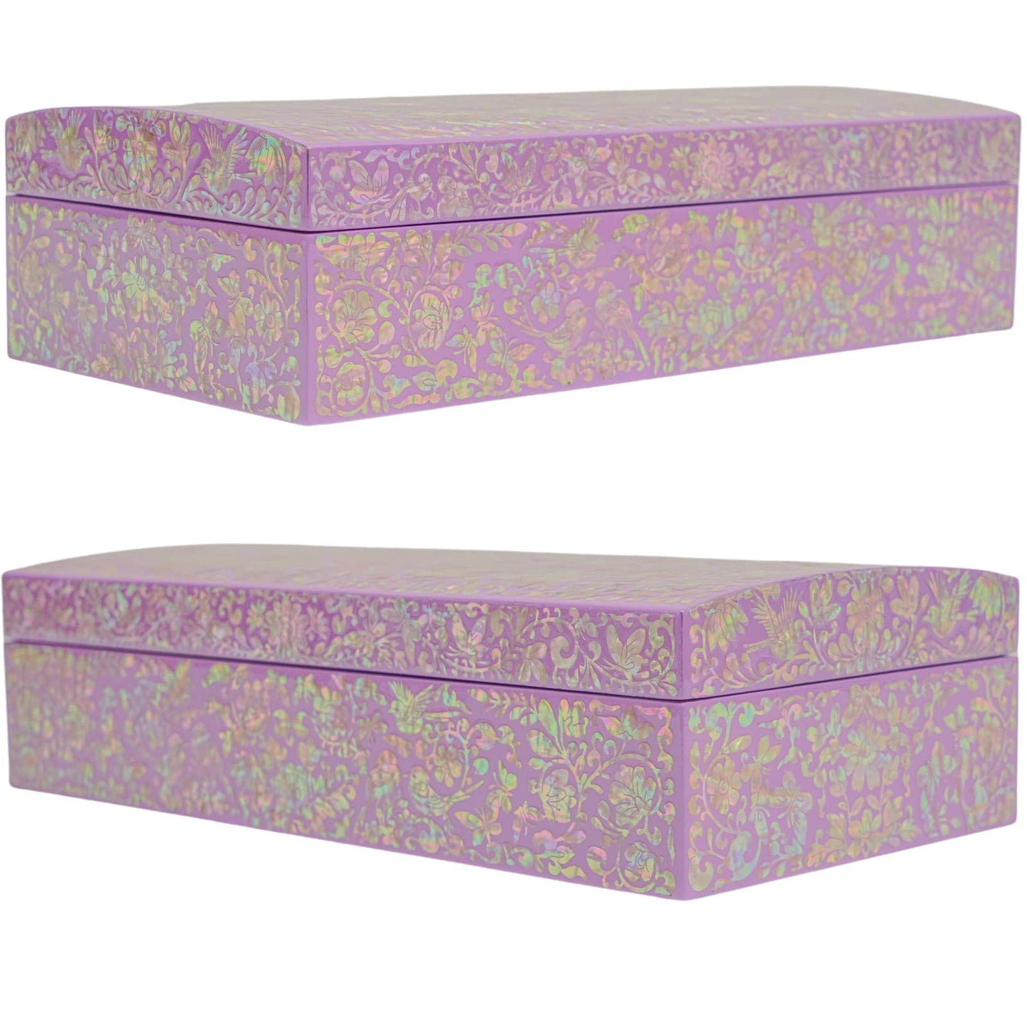 Side views of purple jewelry box featuring shimmering floral mother-of-pearl accents