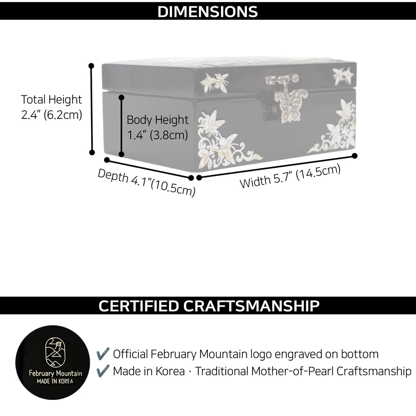 Small lacquer jewelry box size guide with certified February Mountain craftsmanship label