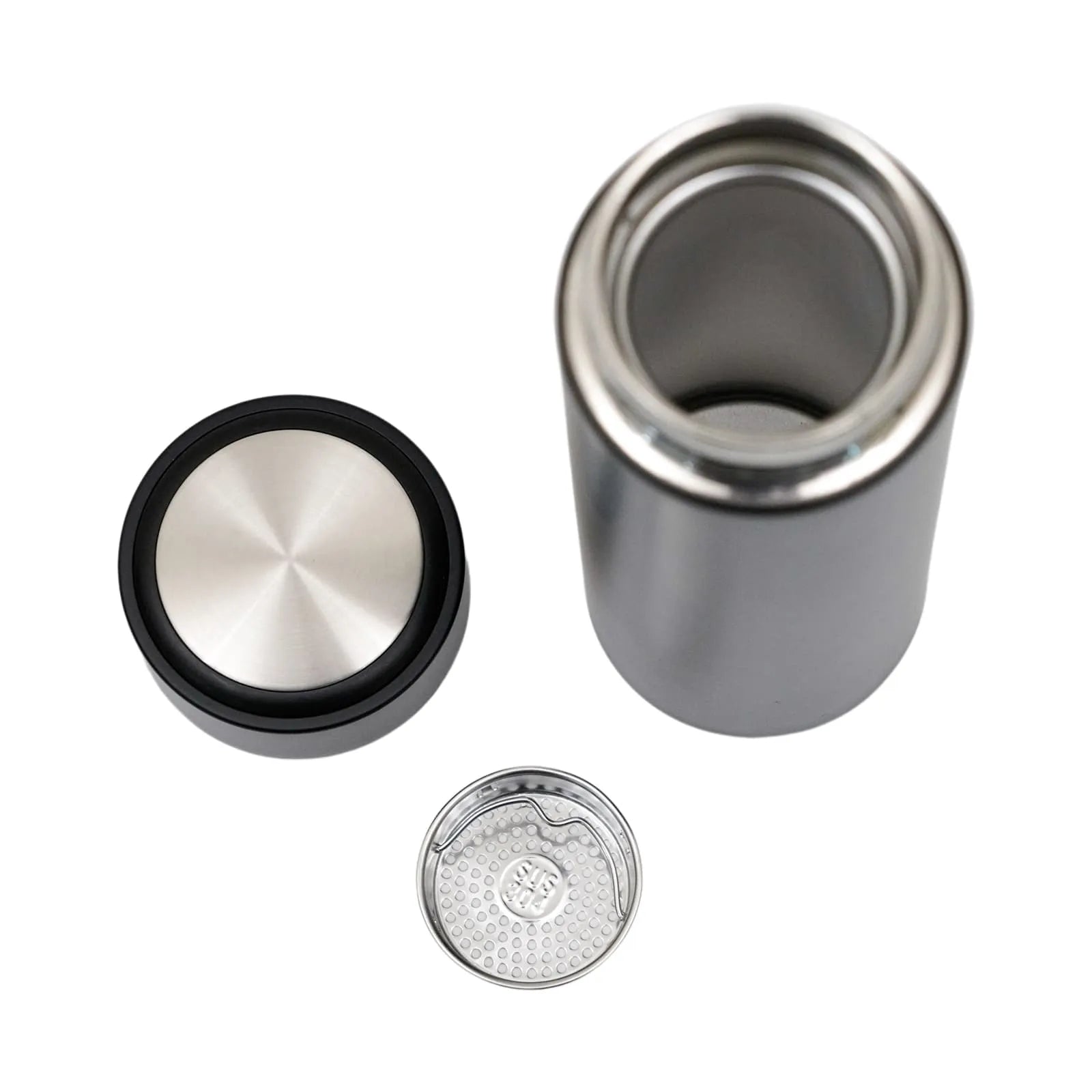 Stainless steel tumbler with removable tea strainer and lid shown separately from top view