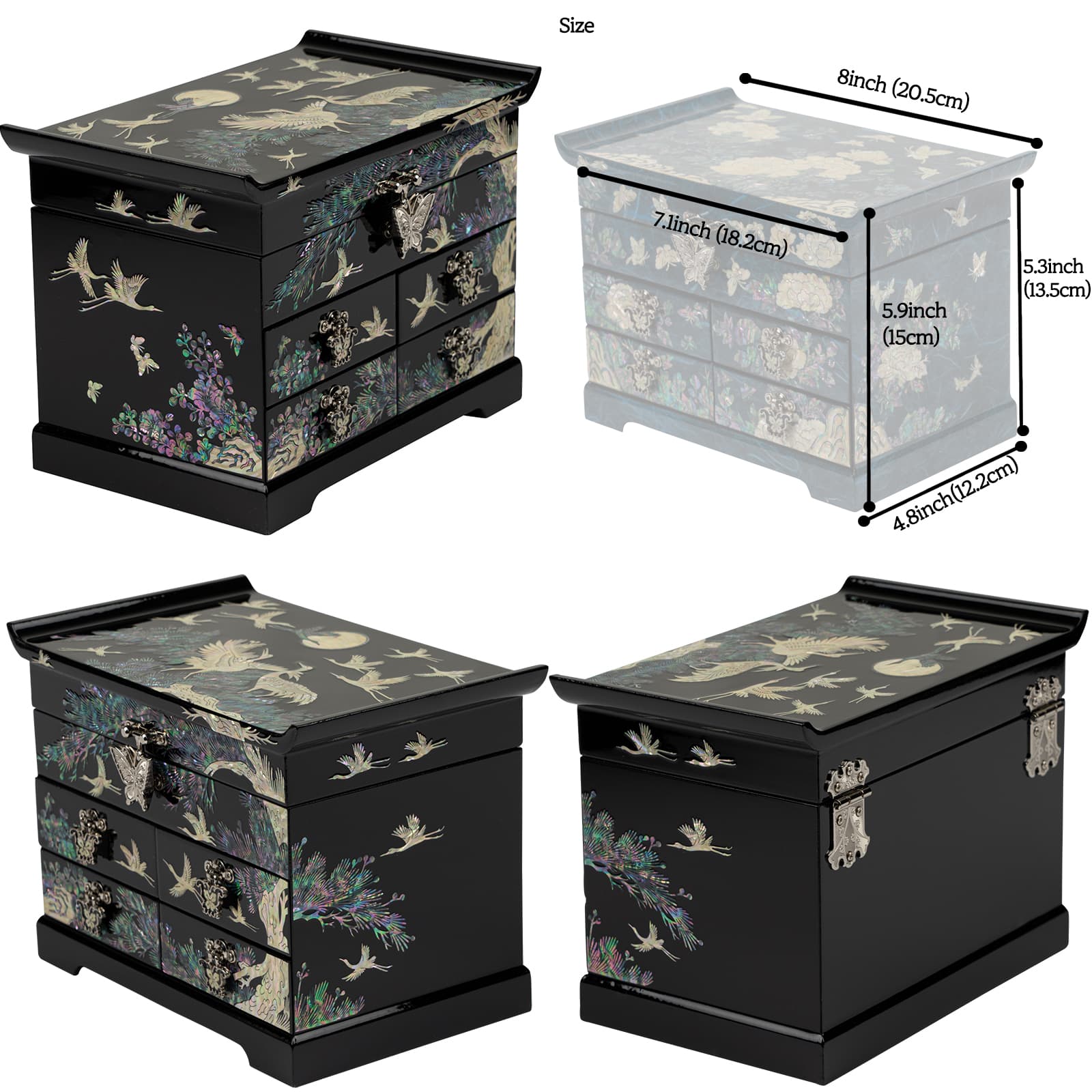 A luxurious black mother-of-pearl jewelry box showcasing a crane and pine tree design, complete with multiple drawers and an elegant clasped compartment. Handcrafted in Korea, it's a masterpiece of storage and style.