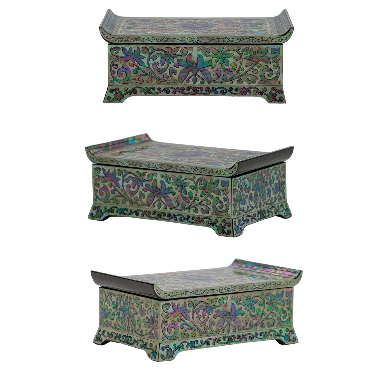 Three-side view of iridescent lacquer jewelry box with floral mother-of-pearl patterns