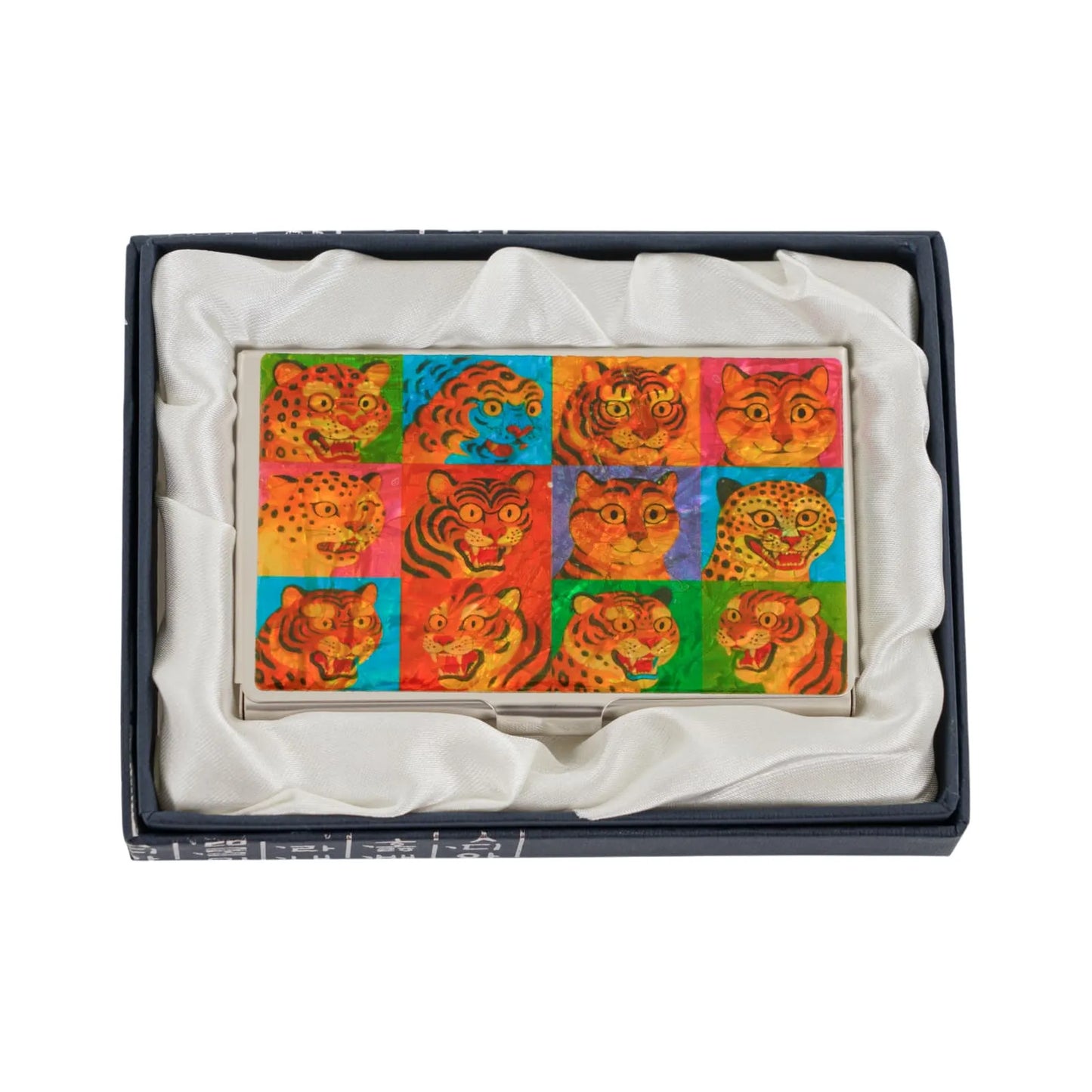 Tiger face design card case placed in a silk-lined gift box