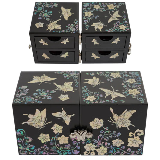 Mother-of-Pearl Crane Jewelry Box with Pine Tree & 4 Flet Drawers