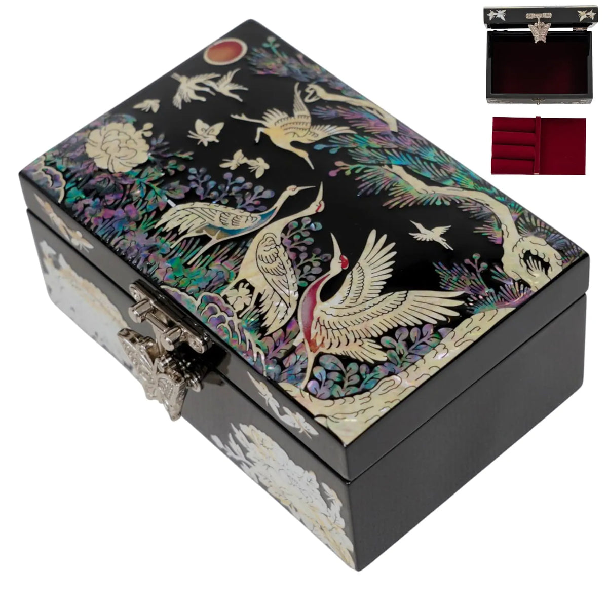 Top view of crane mother of pearl jewelry box, cranes, pine and red sun inlay, butterfly clasp