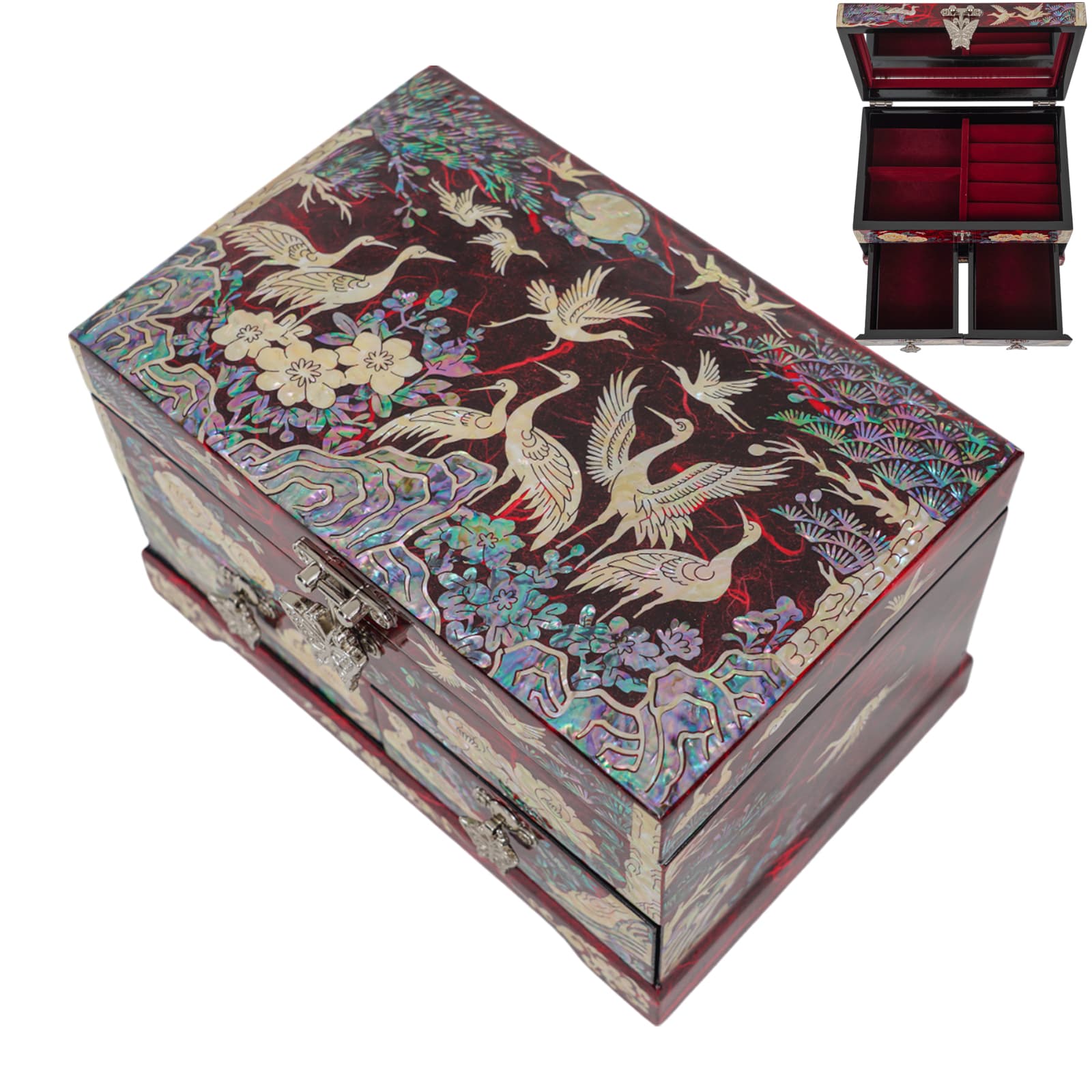 Top view of red jewelry box showing cranes, moon, pine trees, and flowers inlaid in pearl