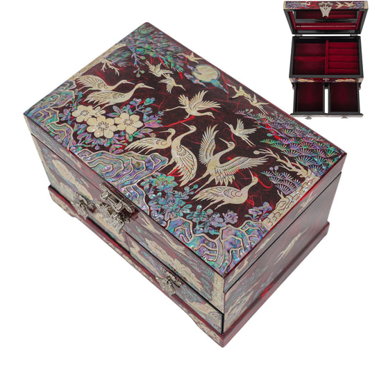 Top view of red jewelry box showing cranes, moon, pine trees, and flowers inlaid in pearl