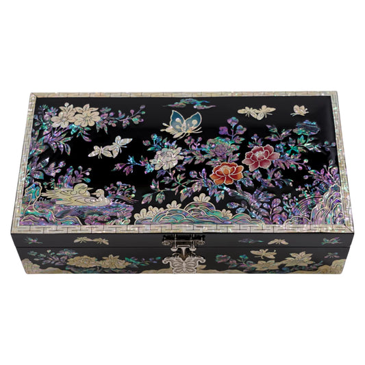 Top view of black jewelry box with colorful mother-of-pearl floral and butterfly inlay framed by geometric border
