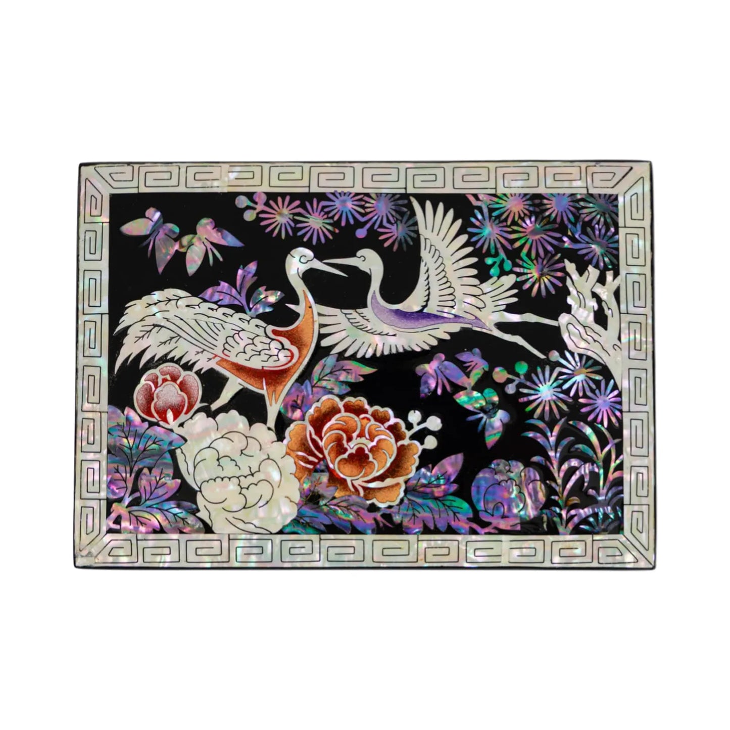 Mother-of-Pearl Trinket Box – Cranes & Peonies on Black Lacquer