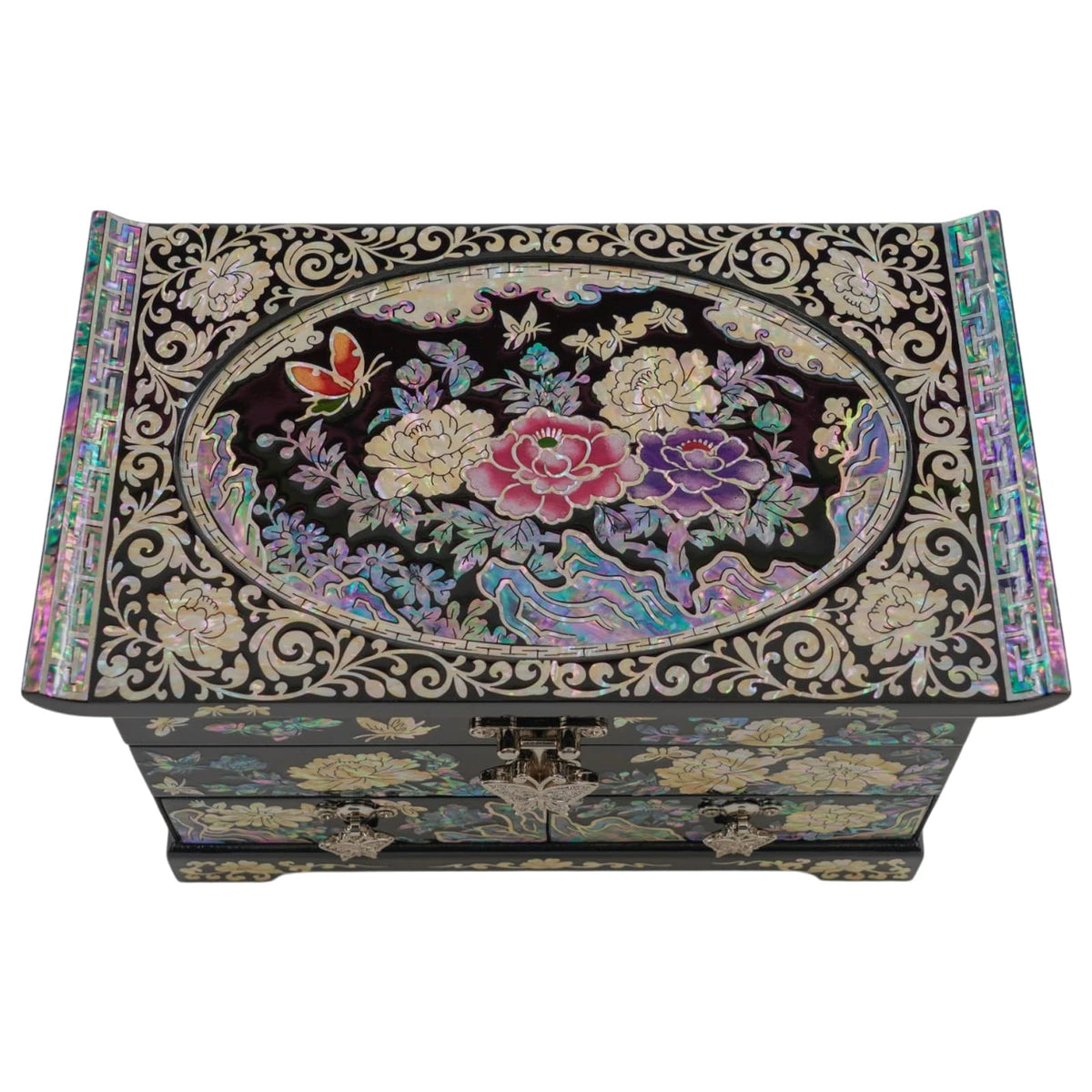 Top view of floral mother of pearl jewelry box, black oval with pink and purple peony inlay