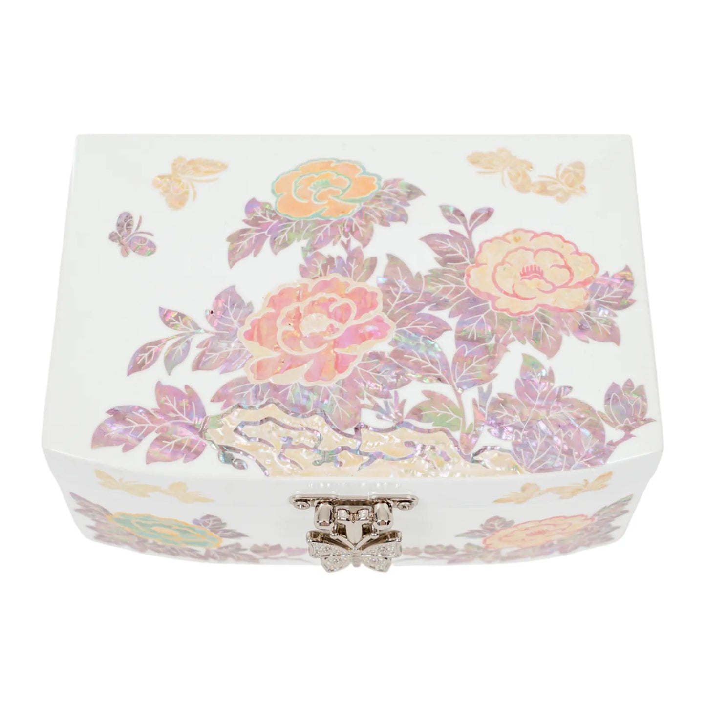 Top view of lacquer box decorated with vibrant peony flowers and butterflies