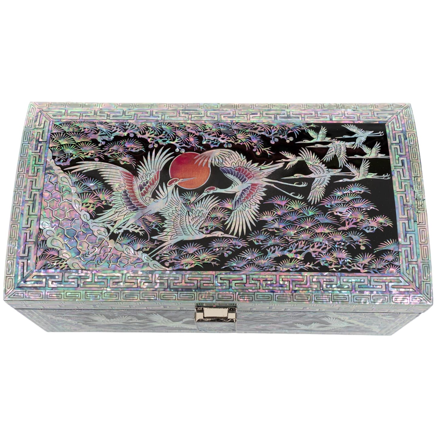 Top view of rectangular mother-of-pearl jewelry box with cranes, pine trees, and red sun motif