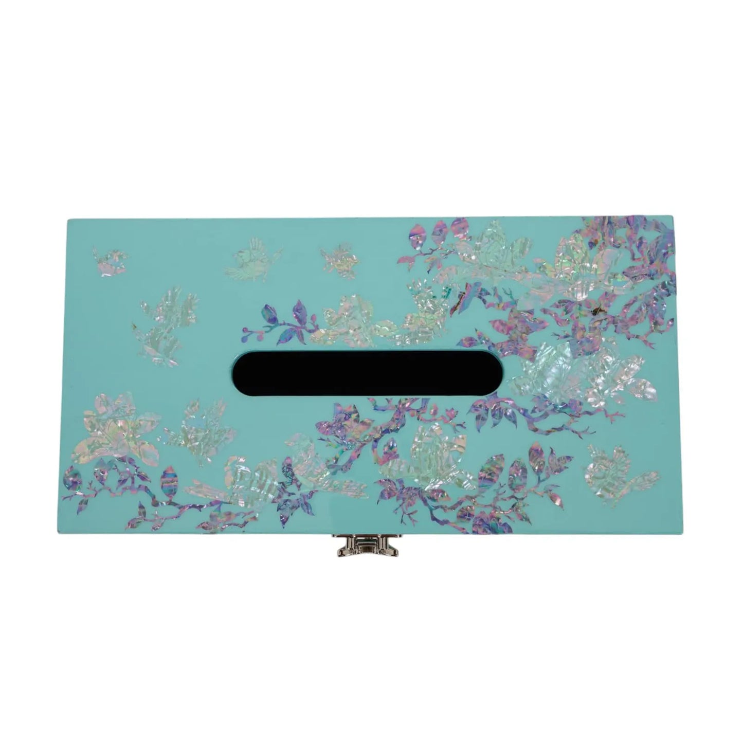 Top view of turquoise tissue box lid showing abalone floral and bird inlay pattern