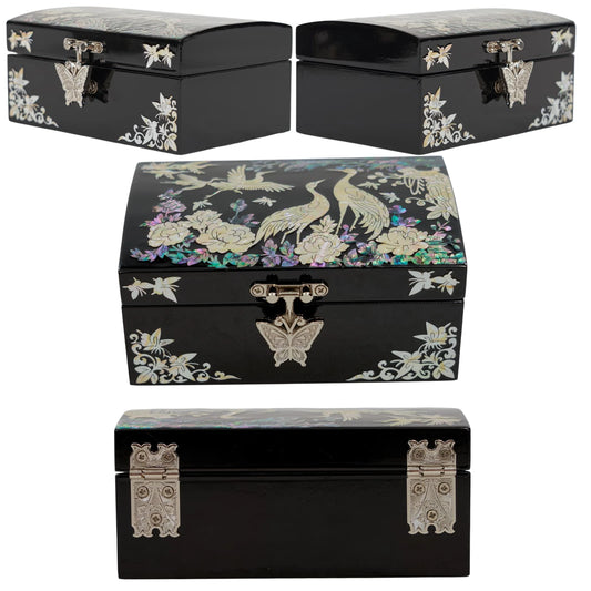 Traditional Korean mother of pearl jewelry box with butterfly lock and crane design