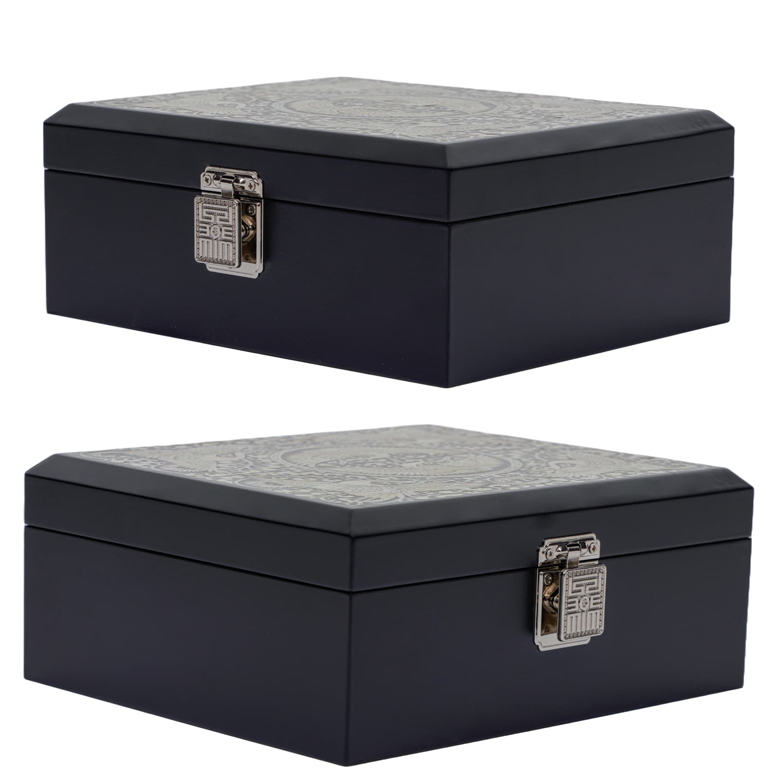 Two angled views of a black lacquered jewelry box with mother-of-pearl inlay and silver clasp
