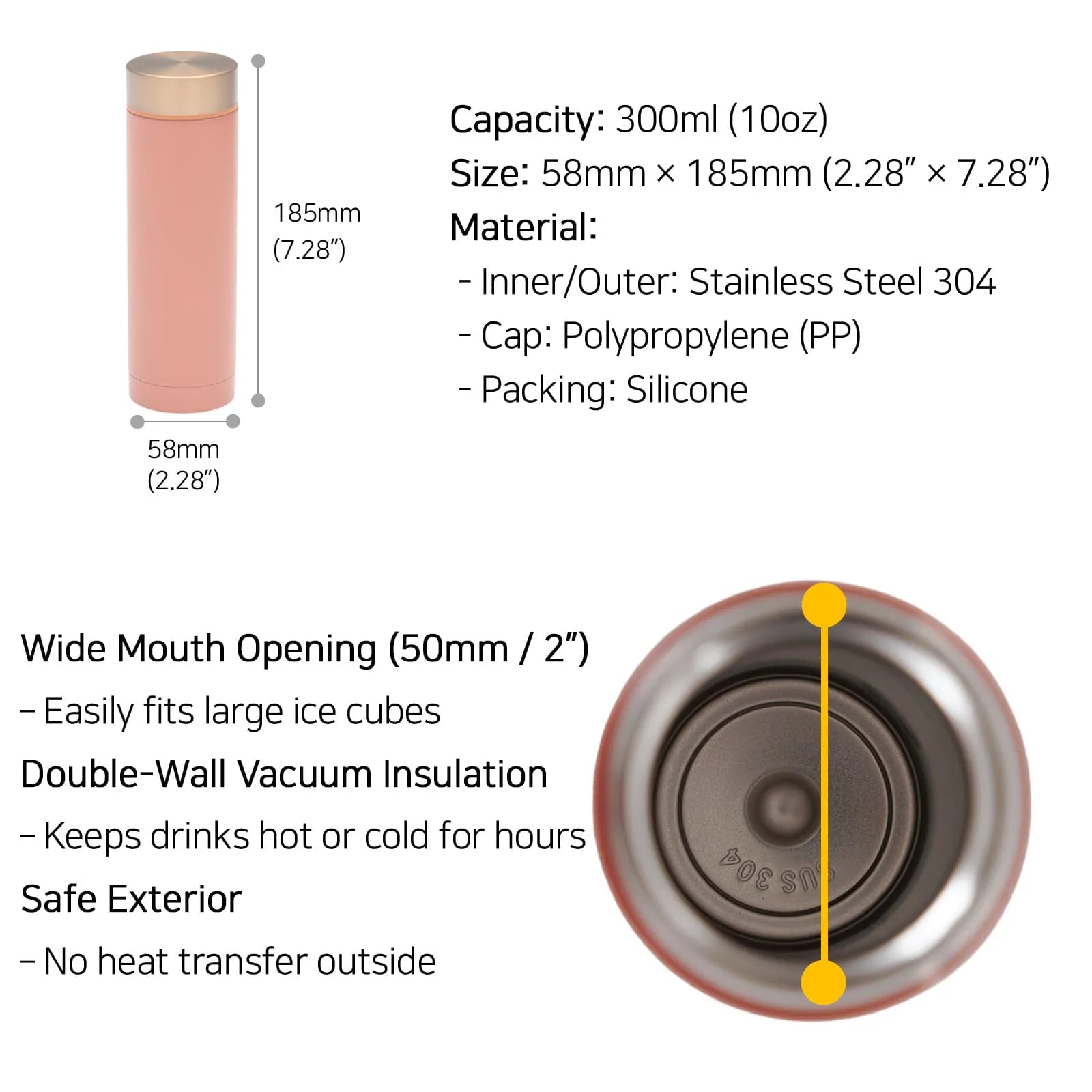 Vacuum insulated 300ml tumbler infographic with specs and wide mouth detail