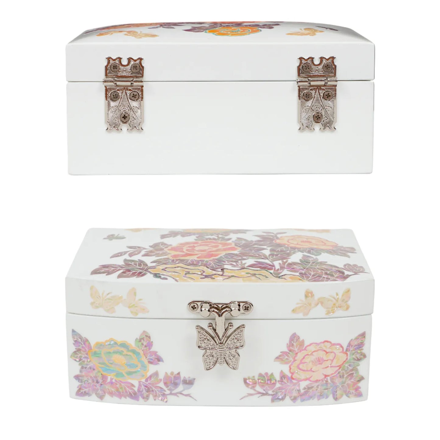 White mother-of-pearl jewelry box with hinged lid, butterfly clasp, peony design