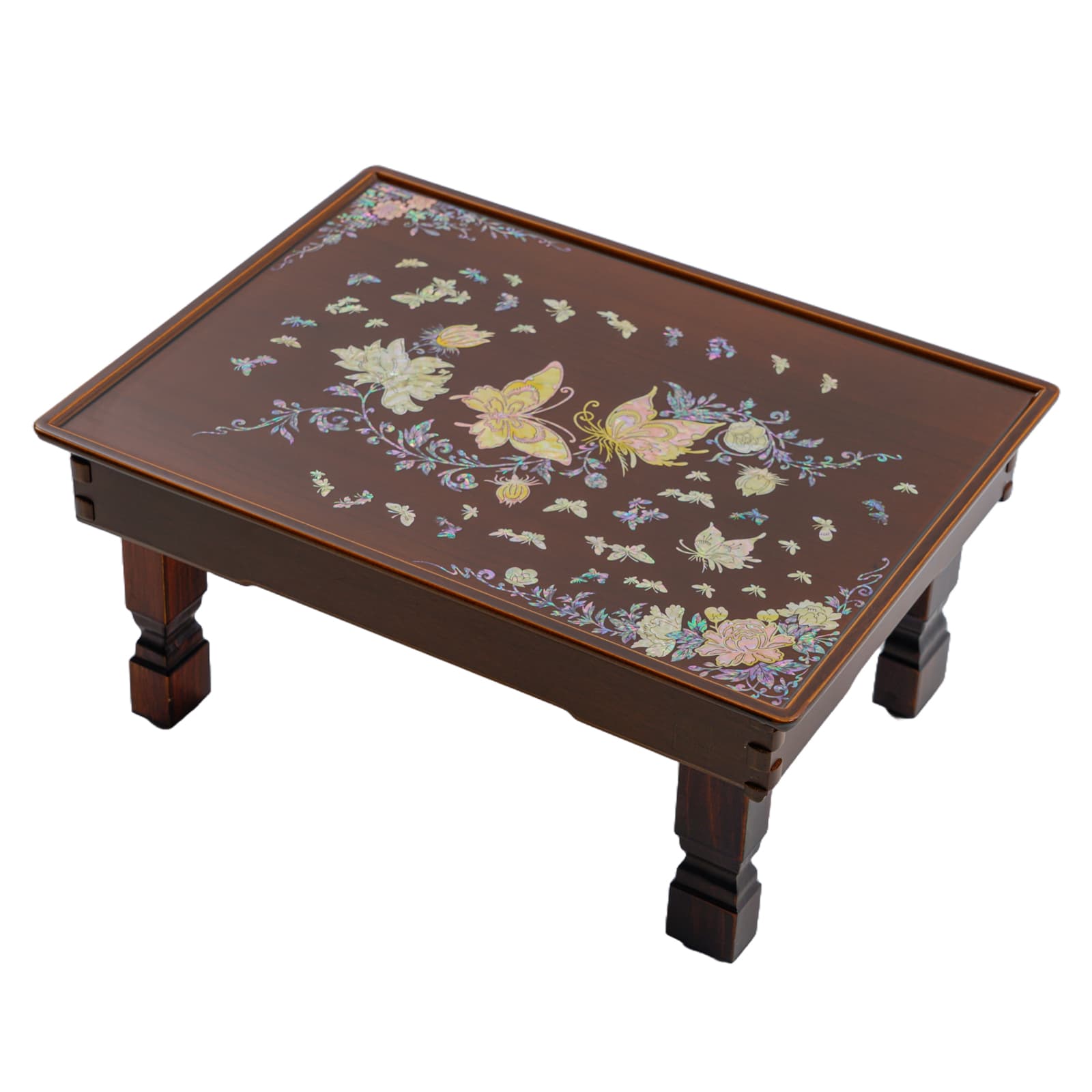 Wooden tray table with mother-of-pearl inlay featuring butterflies and floral patterns.
