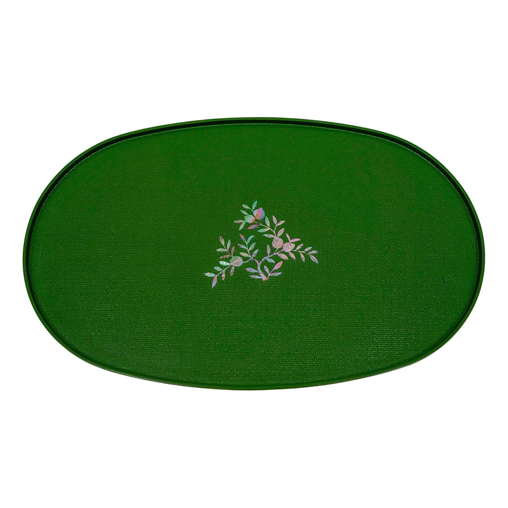 A vibrant green elliptical tray with a subtle mother-of-pearl floral design in the center.
