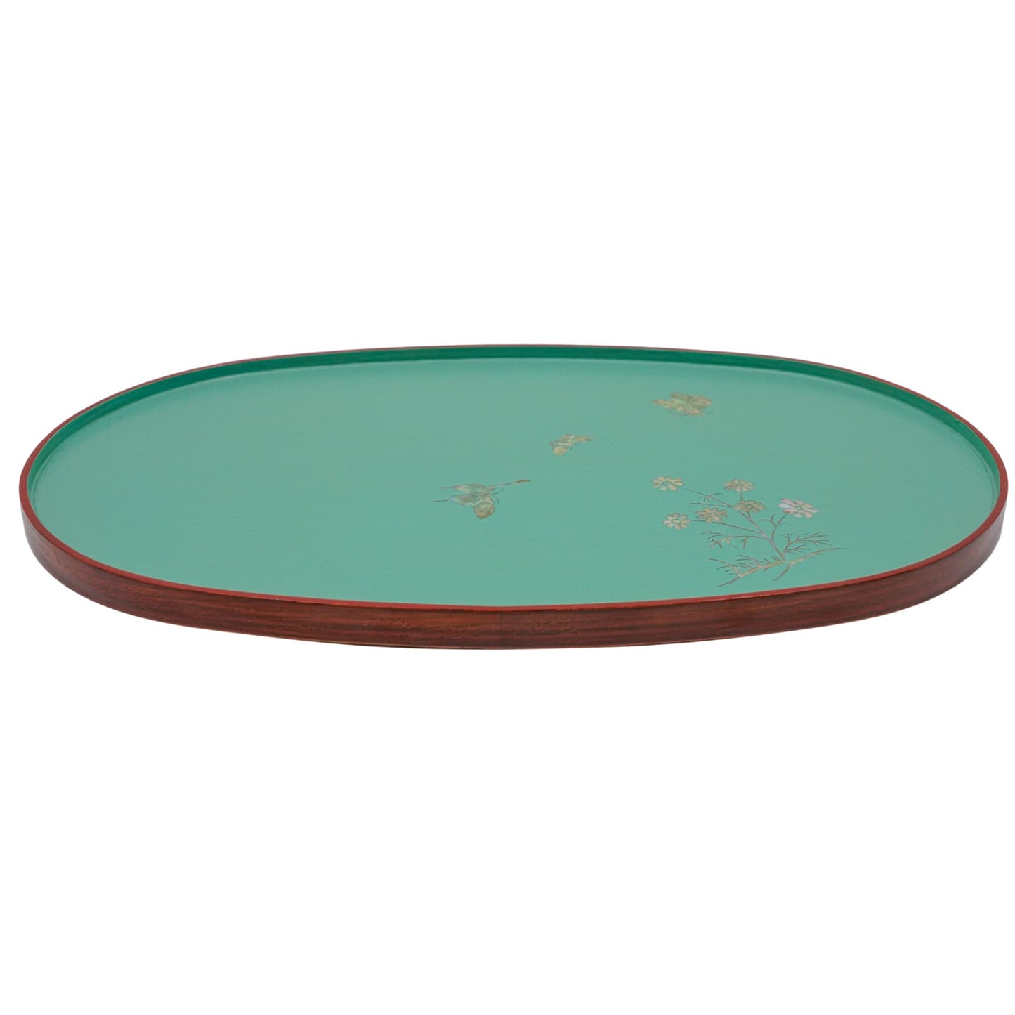 A side view of a teal oval lacquered tray with a mother-of-pearl floral design and a dark red rim.