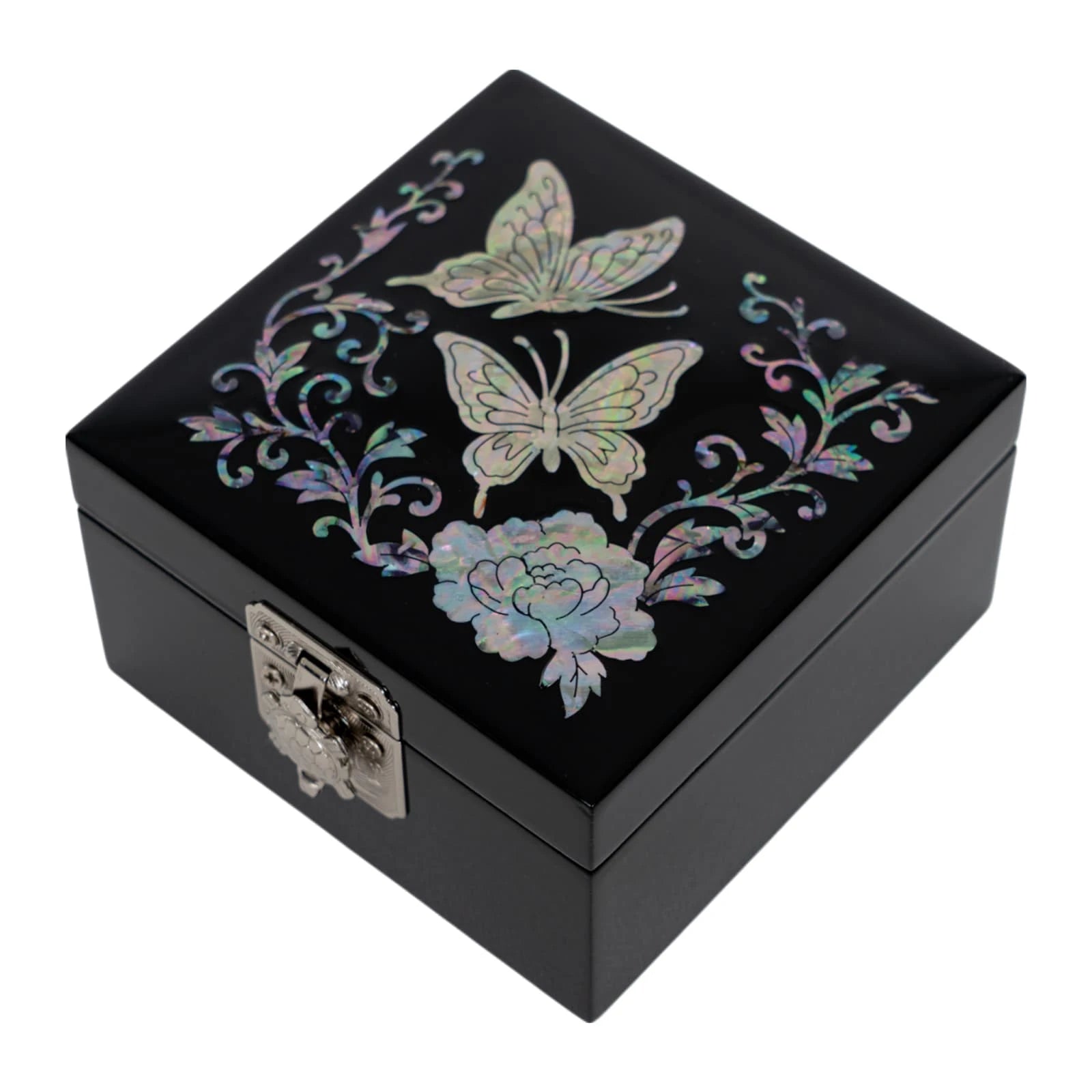 Butterflies and peony flower in mother-of-pearl on glossy black jewelry box