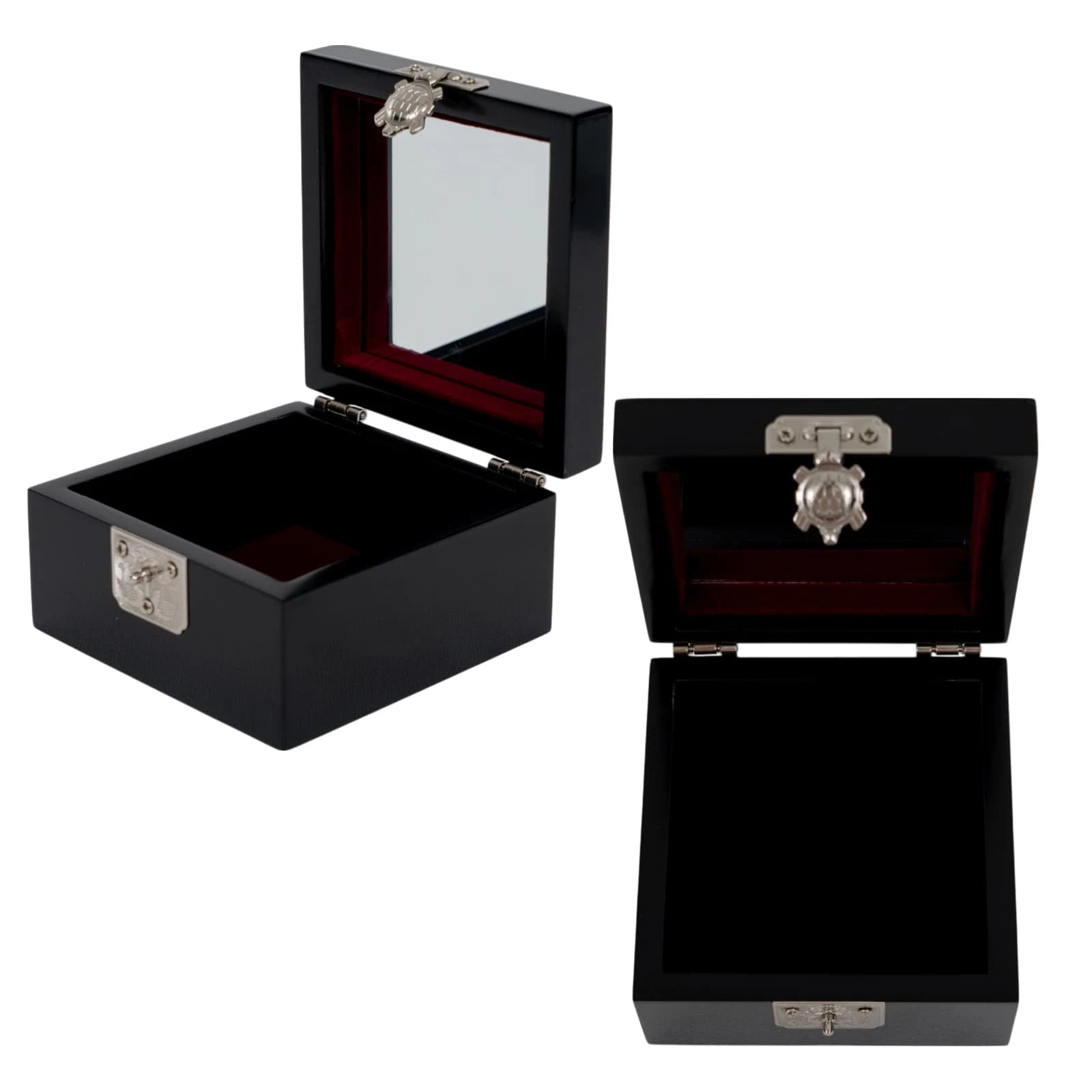 Jewelry box with open lid, built-in mirror and burgundy velvet-lined interior