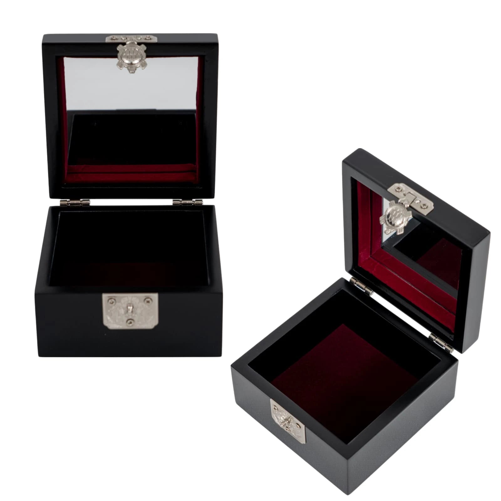 Open black lacquer box with mirror lid and silver turtle clasp, burgundy interior