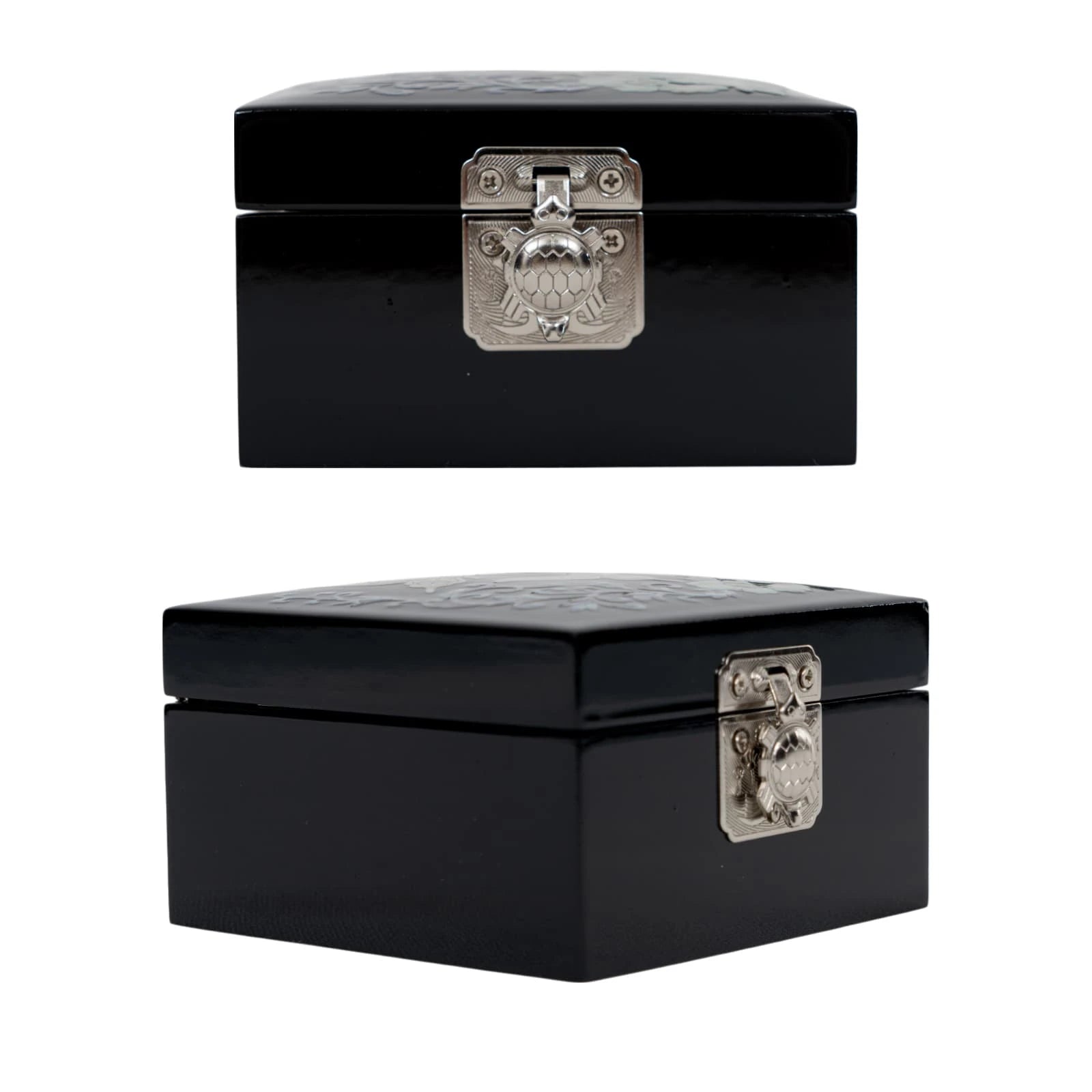 Side and angled view of black lacquer box with turtle-shaped metal clasp