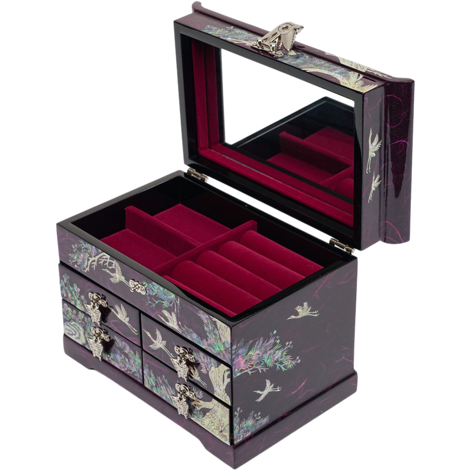 A luxurious Korean jewelry box with a mother-of-pearl inlay, showcasing cranes and pine tree design, featuring a mirror inside the lid and plush red velvet compartments.