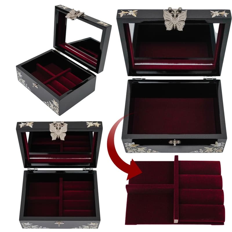 Four images of a black jewelry box with mother-of-pearl inlay, showing it open with various compartments and a velvet interior