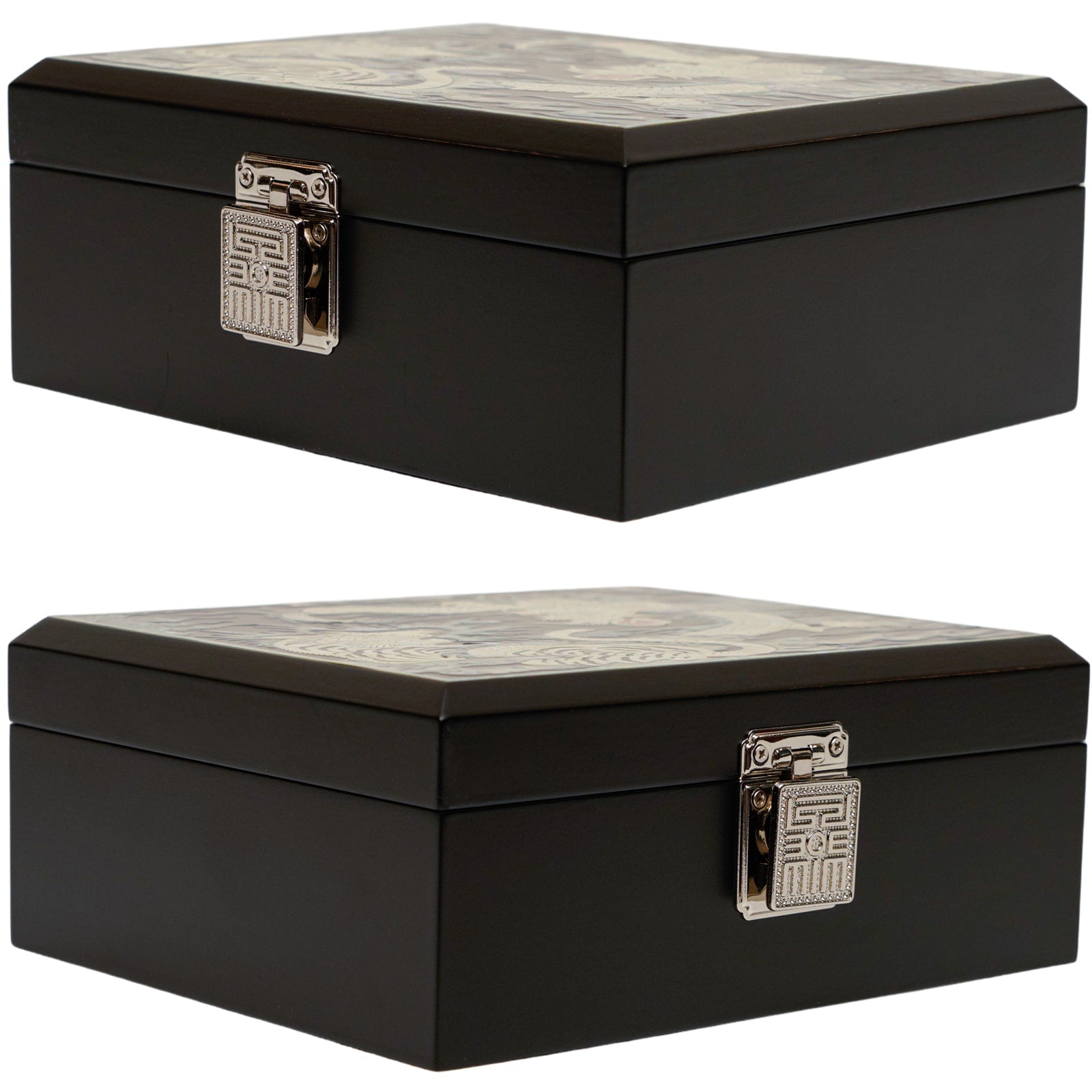 A Korean jewelry box viewed at a 45-degree angle, highlighting the detailed metal clasp on the side and mother of pearl top.