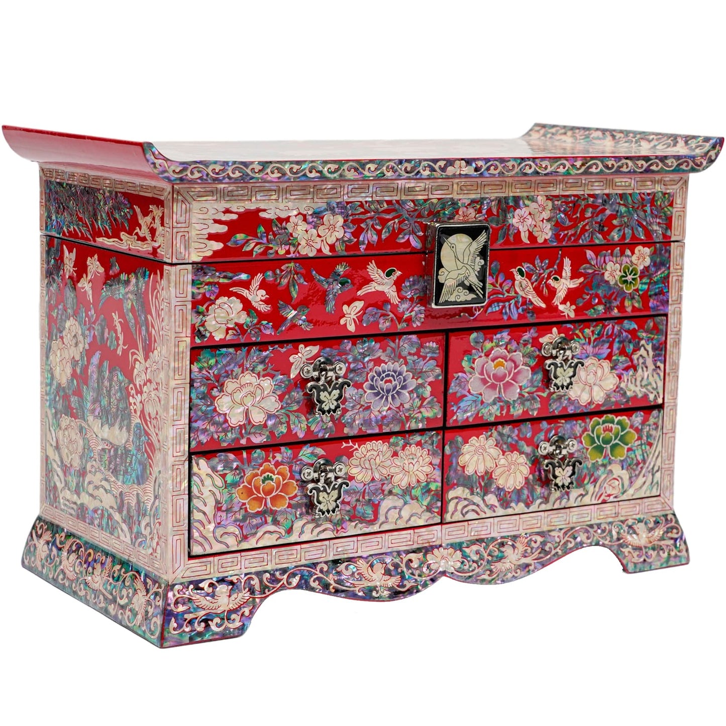 Red Large Crane Jewelry box with 4 Drawers