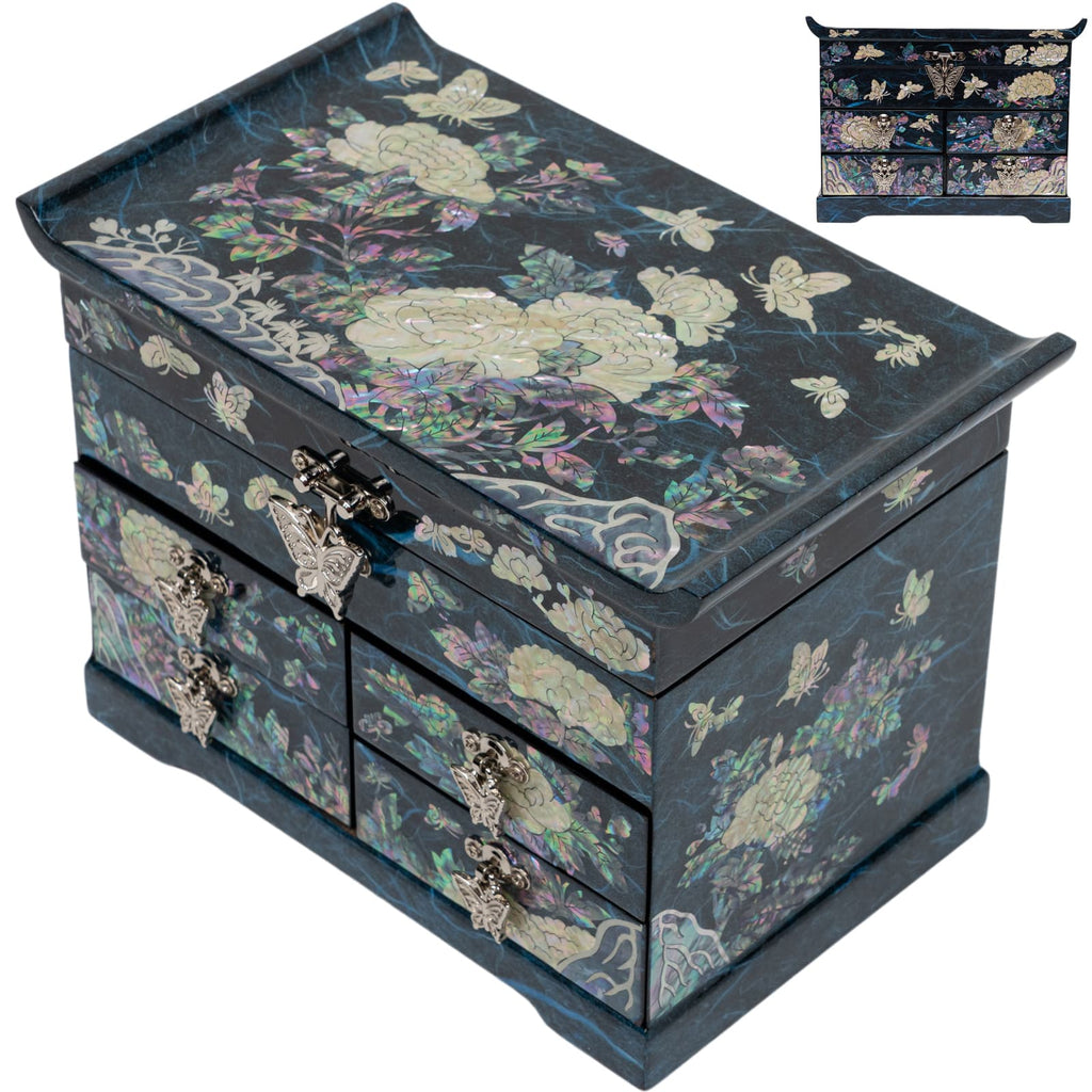 A traditional Korean mother-of-pearl jewelry box with floral and butterfly motifs, showcasing craftsmanship.