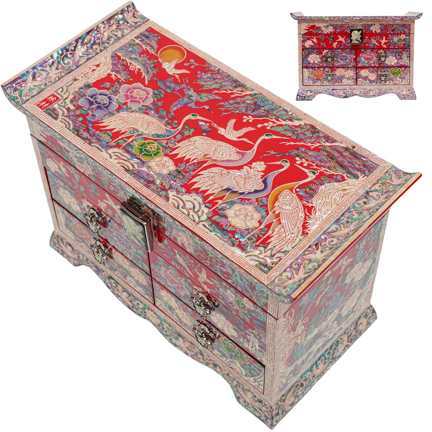 Red Large Crane Jewelry box with 4 Drawers