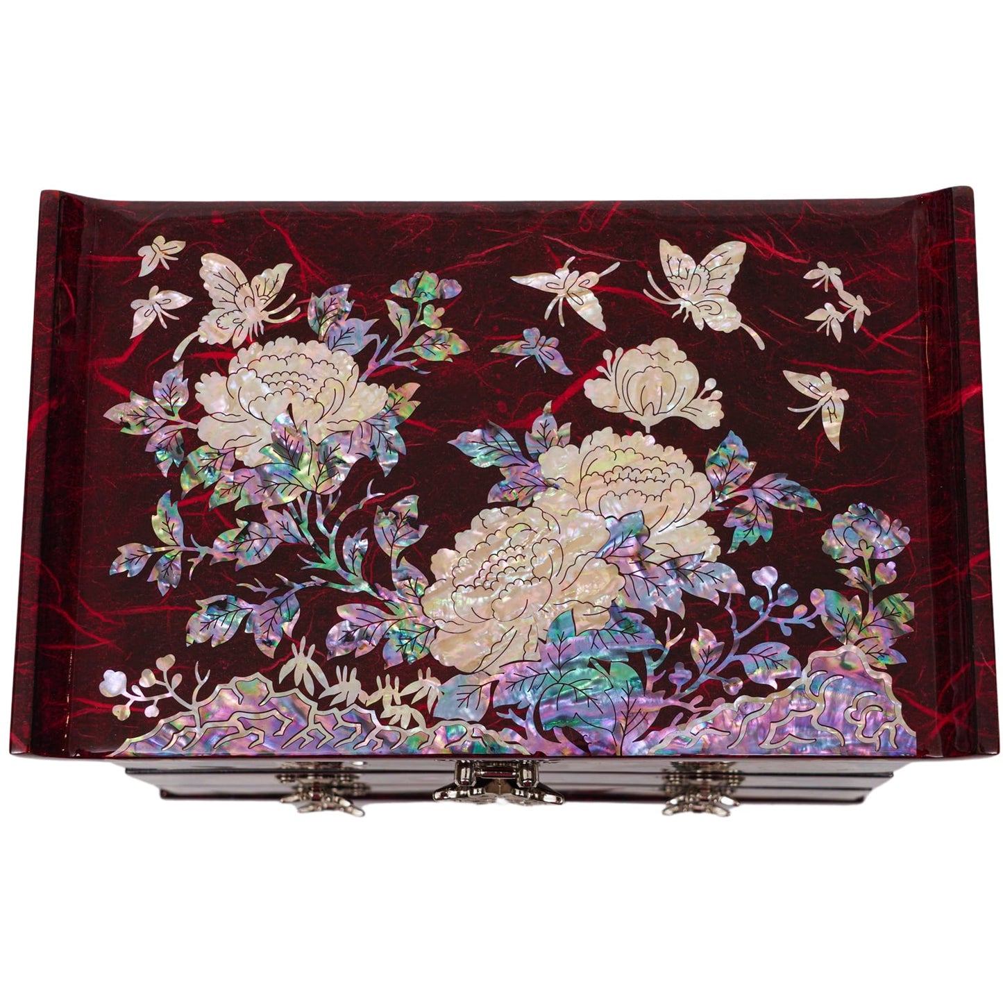 Butterflies and flowers are painted on the top of the jewelry box.