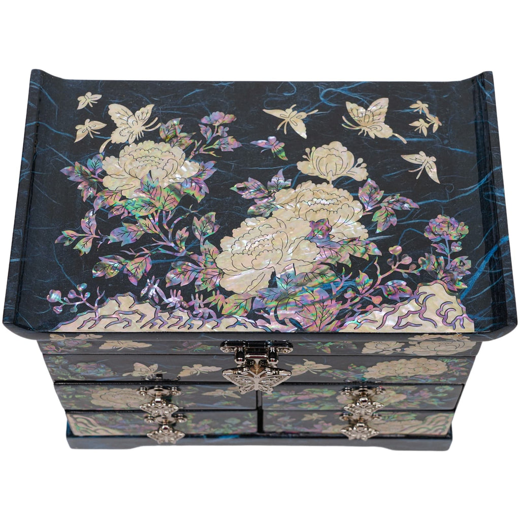 A dark mother-of-pearl jewelry box with intricate peony and butterfly designs and silver clasp. Perfect for gifting.