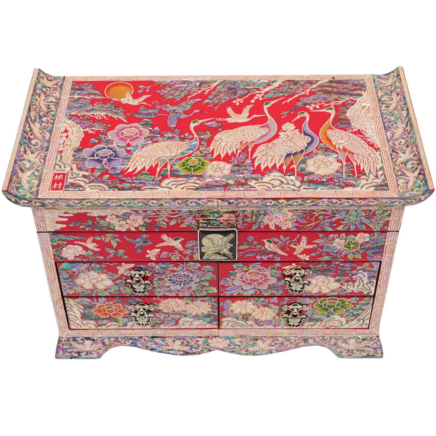 Red Large Crane Jewelry box with 4 Drawers