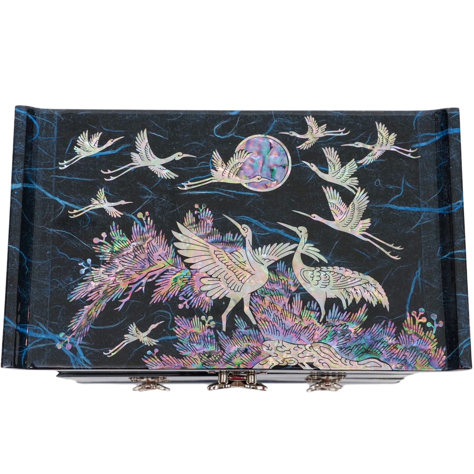 A mother-of-pearl jewelry box with a pine tree and crane design in vibrant colors, featuring two butterfly clasps on the front.