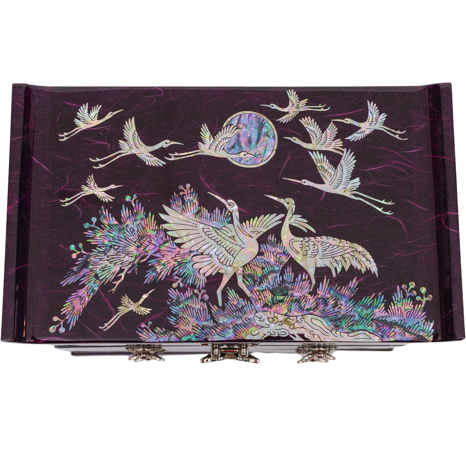 A mother-of-pearl jewelry box with a pine tree and crane design in vibrant colors, featuring two butterfly clasps on the front.