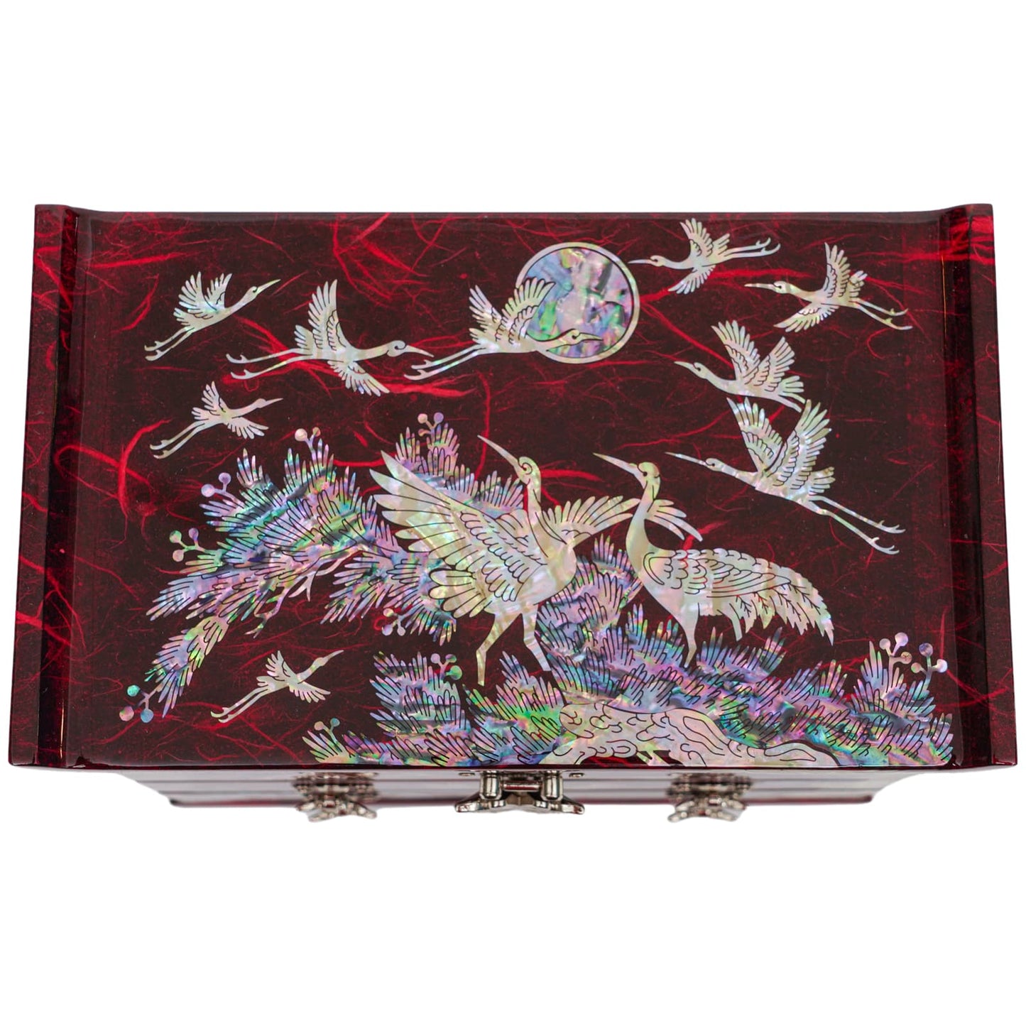 A mother-of-pearl jewelry box with a pine tree and crane design in vibrant colors, featuring two butterfly clasps on the front.