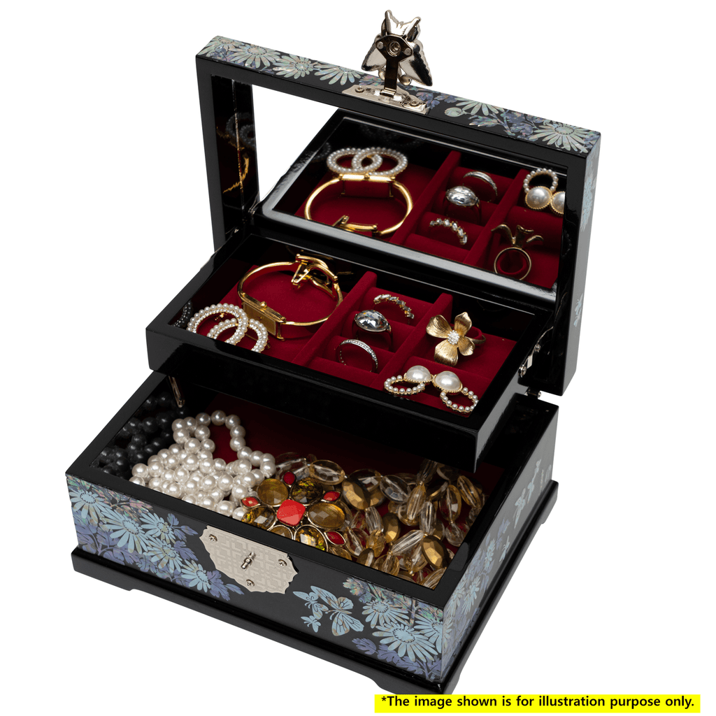  An open black jewelry box with mother-of-pearl inlay, filled with various pieces of jewelry, including rings, bracelets, and necklaces.
