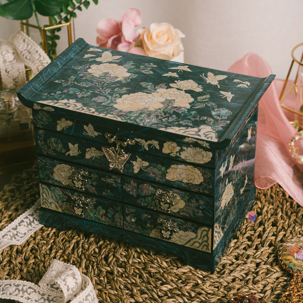 A mother-of-pearl jewelry box on a woven mat with flowers in the background.