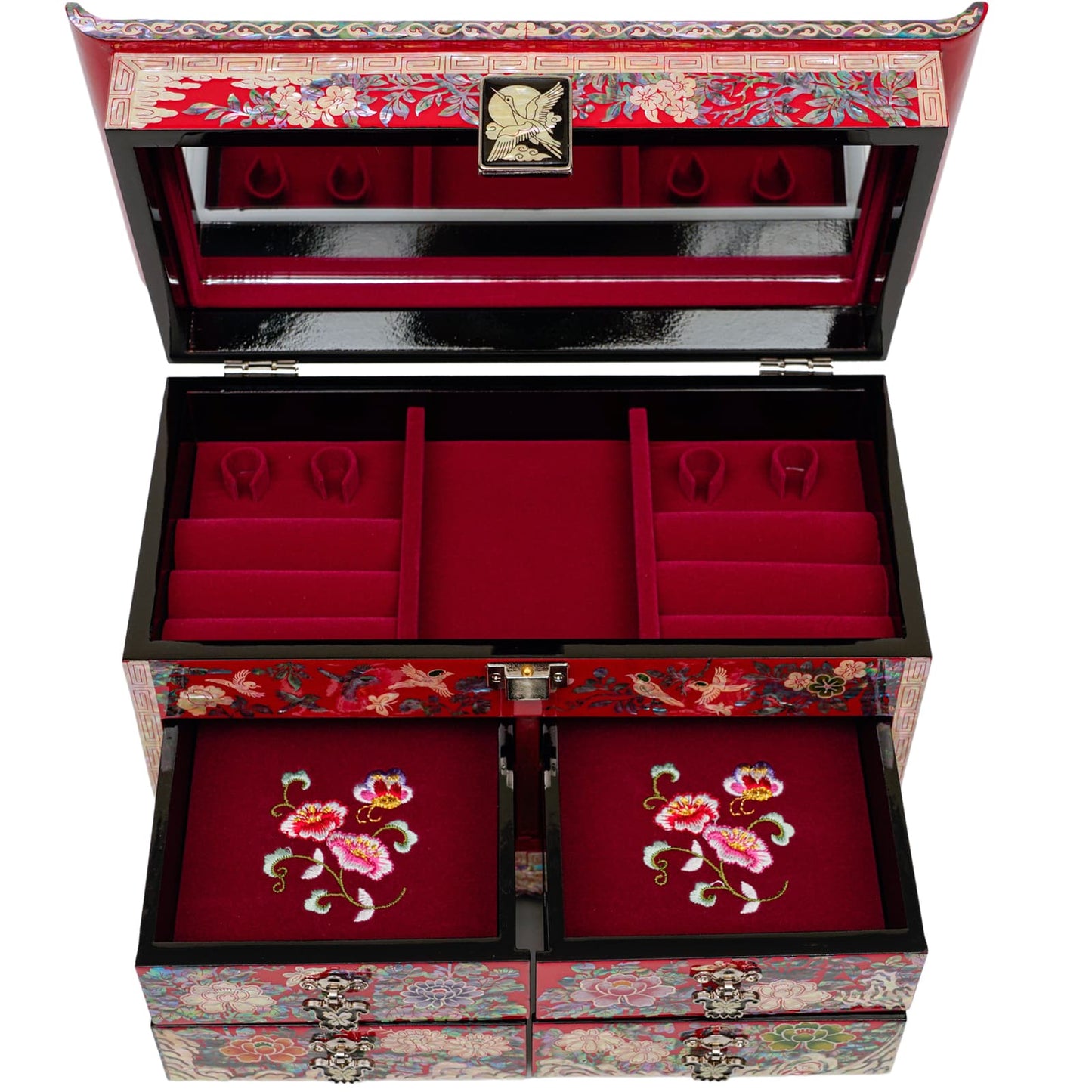 Red Large Crane Jewelry box with 4 Drawers