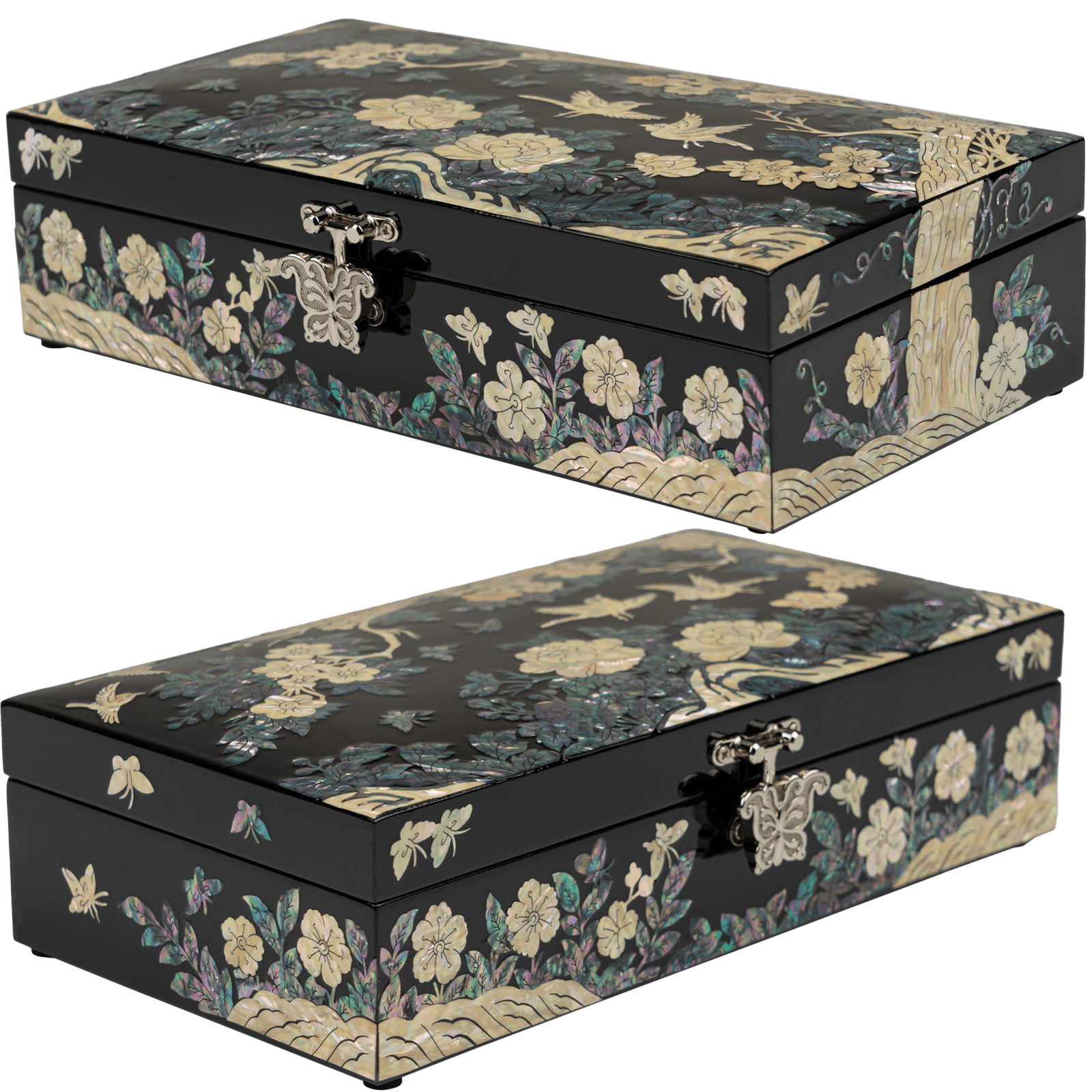 A black rectangular jewelry box with mother-of-pearl inlay depicting floral and butterfly designs. The clasp and corners have metal accents.